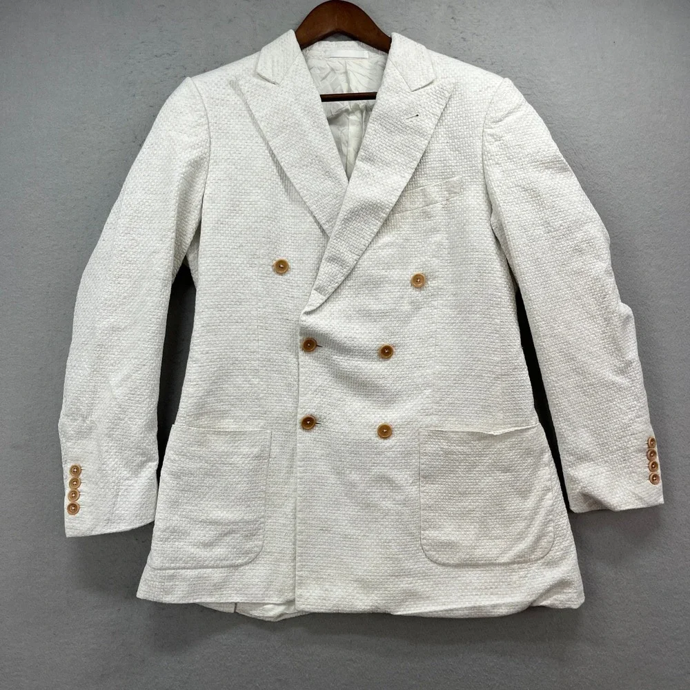 Sebastian Cruz Couture Blazer Men 40L White Double Breasted Textured Luxury Prep